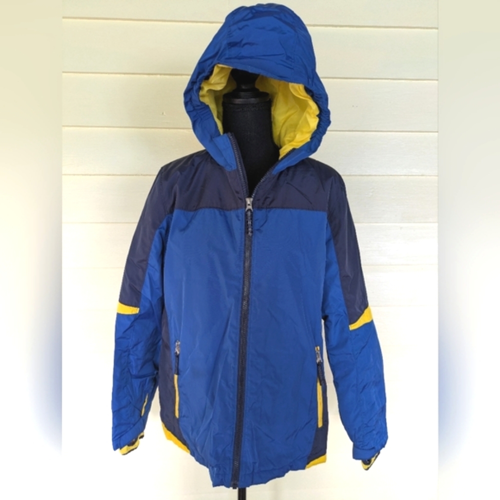 Land's End Boys Hooded Blue And Yellow Coat Size L 14-16